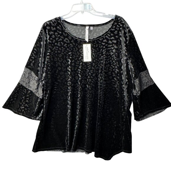 Womens Black Velvet Leopard Print Top With Lace Bell Sleeves By NY Collection 3X - Picture 2 of 11